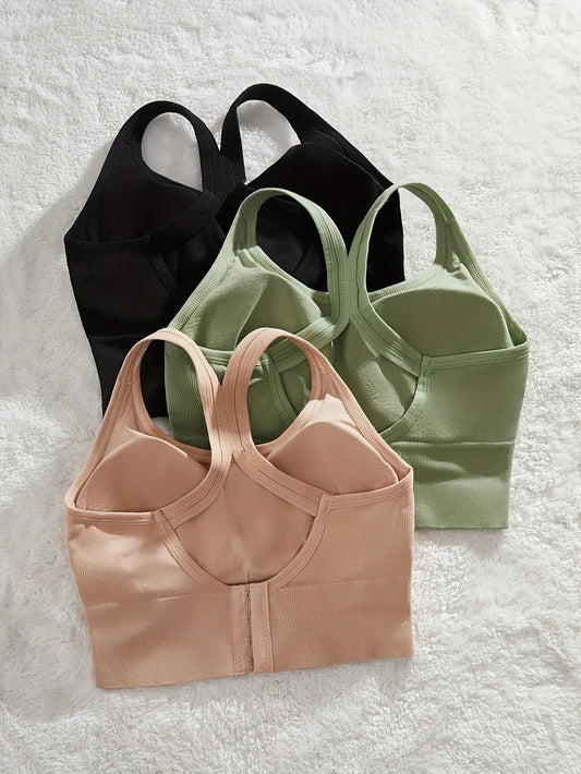3pcs Simple Solid Seamless Bra, Comfy & Breathable Hollow Out Bra, Women's Lingerie