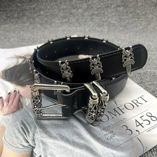 American Style Cropped 3.2 Wide Leather Belt With Wheel Hollow Out Vine Carving Engraved Women's Belt Celebrity Style
