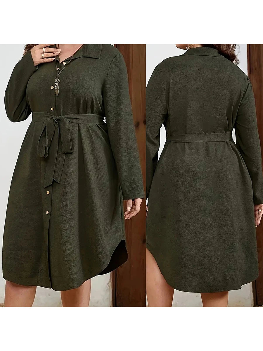 Women Plus Size Dress  V-Neck Long sleeve Midi Dress Summer Boho Beach Party Dress with Pockets and Tie Belt