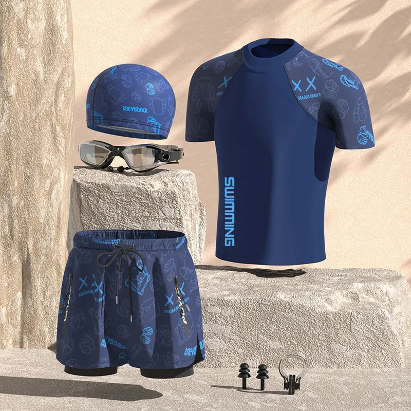 Men Professional Water Sports Competitive Swim Shirts+Trunks Glasses Cap Quick-Drying Beach Surfing Bathing Shorts Goggles Hat