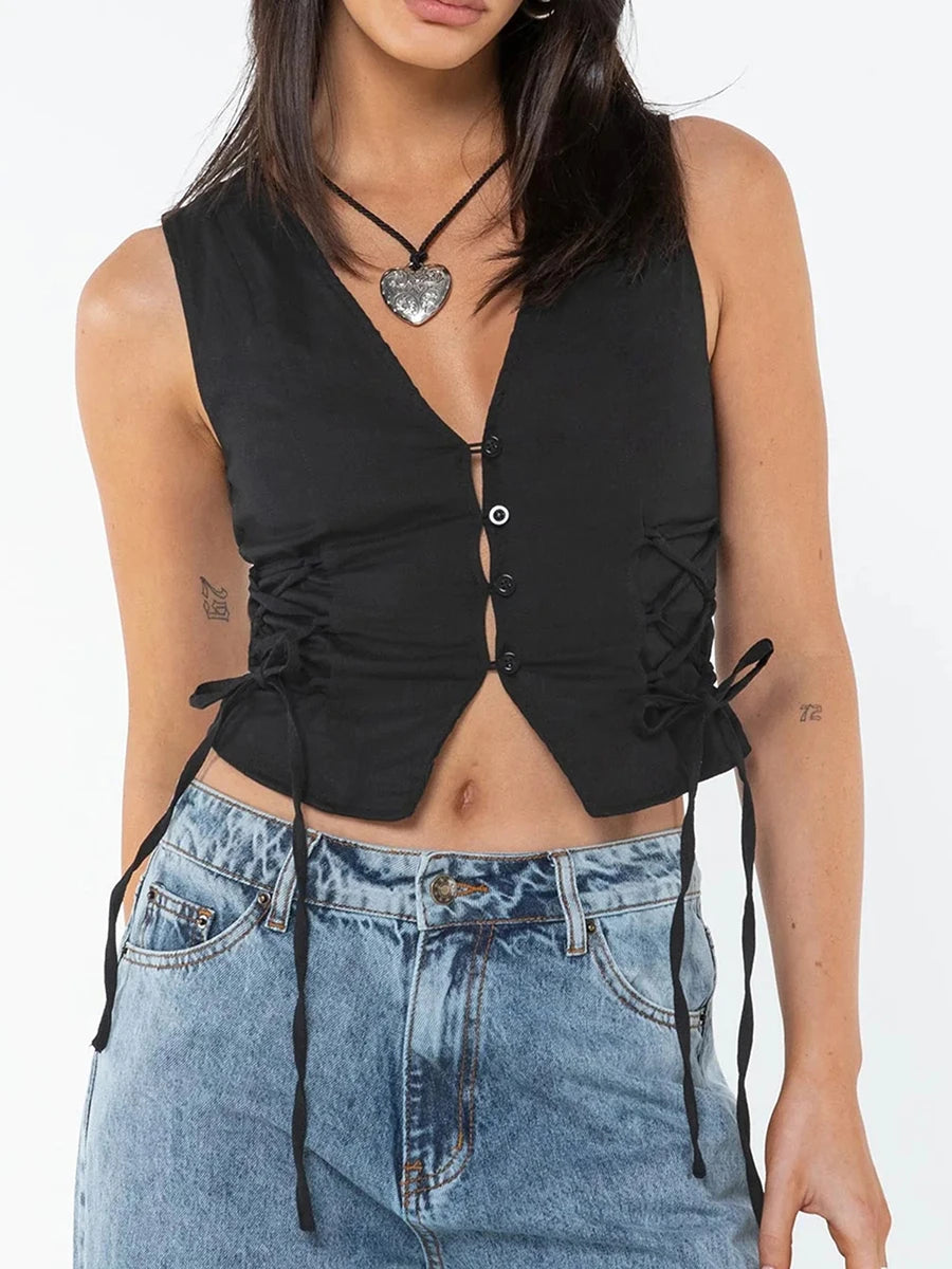 Women Summer Tank Tops Solid Color Front Button Vest Side Cross Tie-Up Waistcoat Streetwear