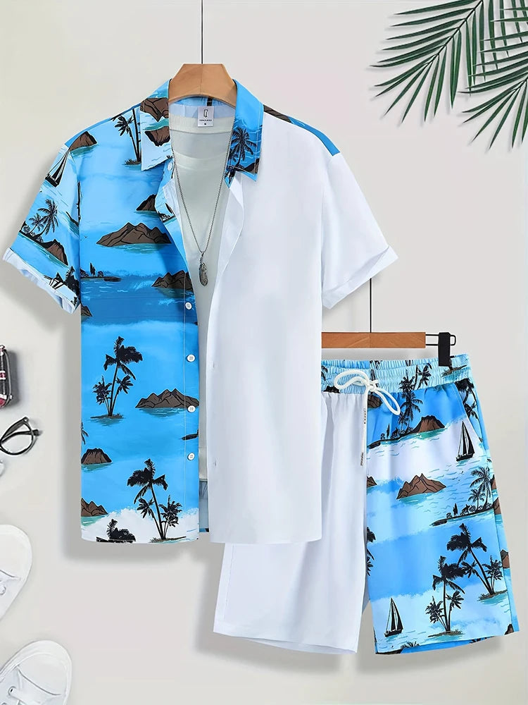 Fashion Hawaii Set Coconut Print Men's Shirt 2 Piece Luxury 3D Holiday Set Short Sleeve Casual Shirt Beach Two Piece Men's Set