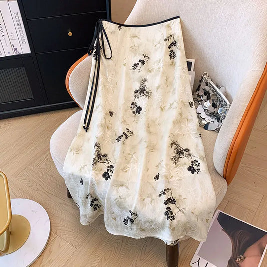 High Waist Zipper Loose Chinese Style Drawstring A-Line  Skirt