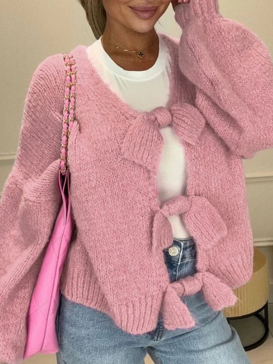 Sweater Knitted Cardigan Elegant Long Lantern Sleeve Front Tie-up Sweaters Tops