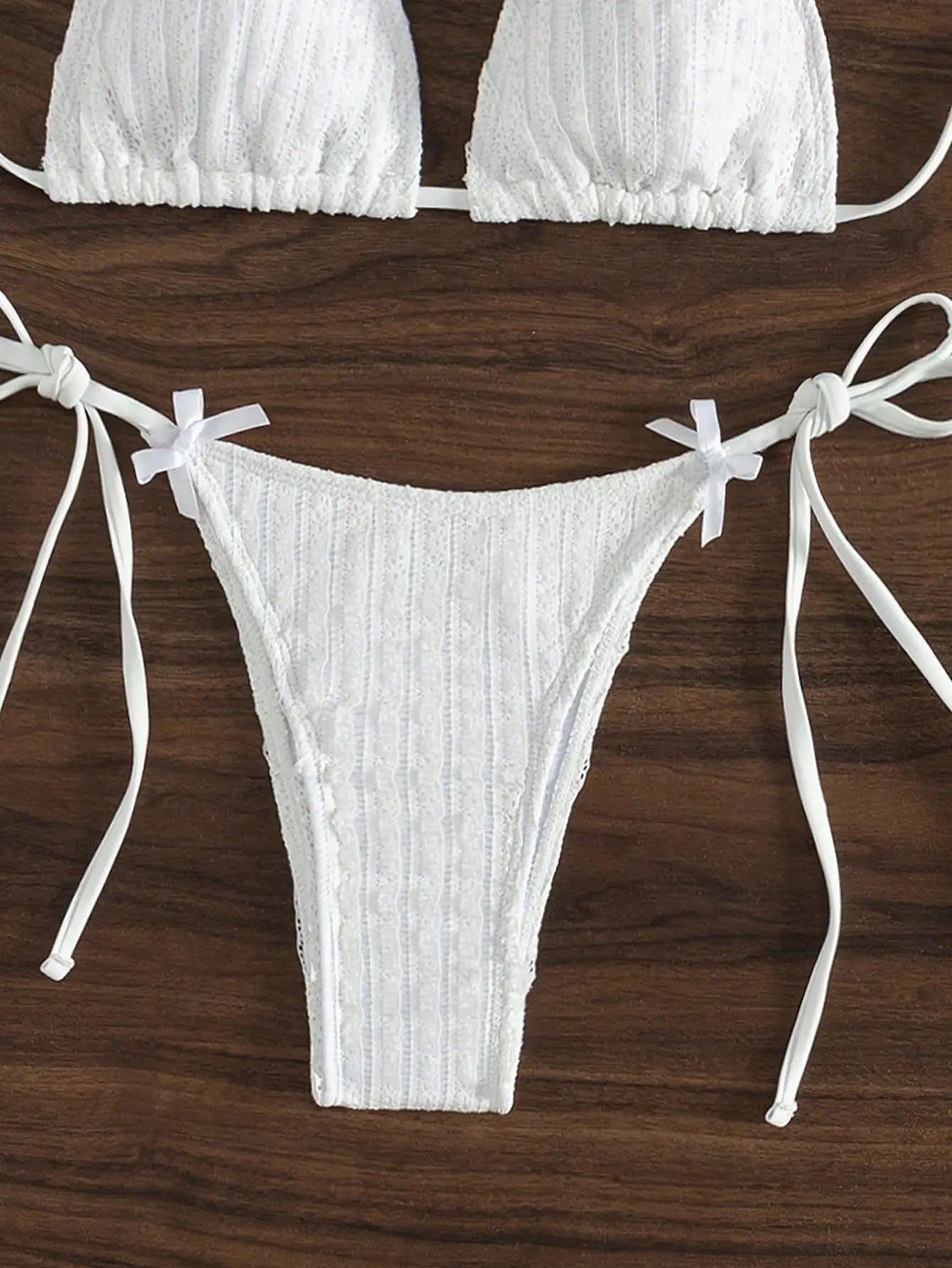 Solid Color White 2 Piece Swimsuit  Bow Triangle Halter Backless Bikini Set Lace-up Thong Bathing Suit Swimwear