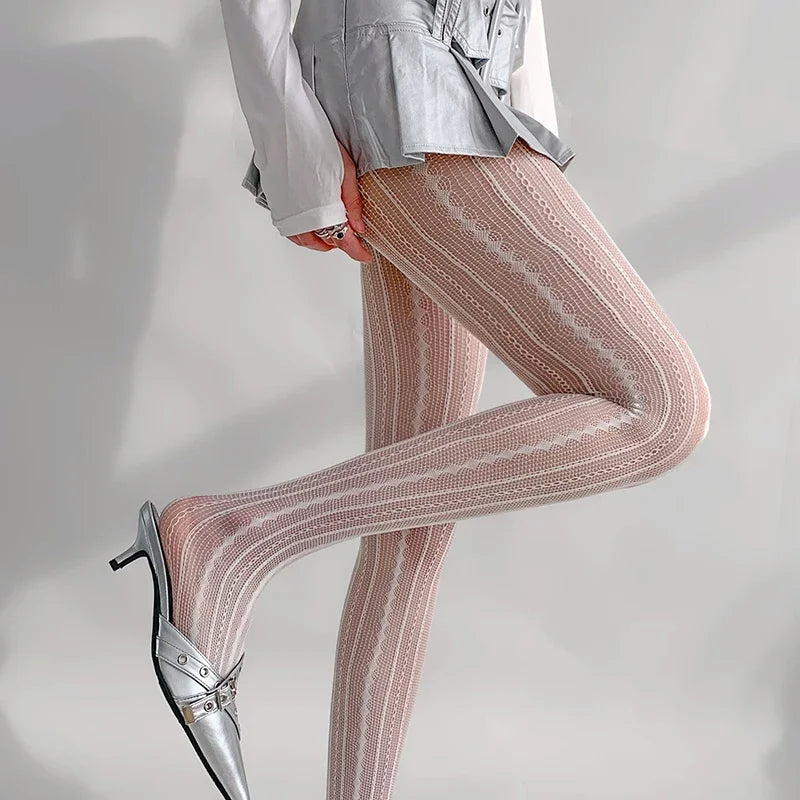 Women's Fishnet Tights Sexy Geometric Striped Pantyhose Rattan Mesh Lace Gothic Cute Seamless Fishnet Legging