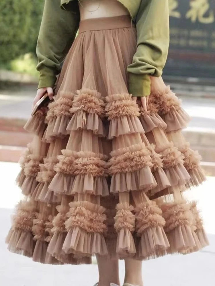 Large Swing Gauze Skirt High Waist Color Block Mesh Ruffles Layers