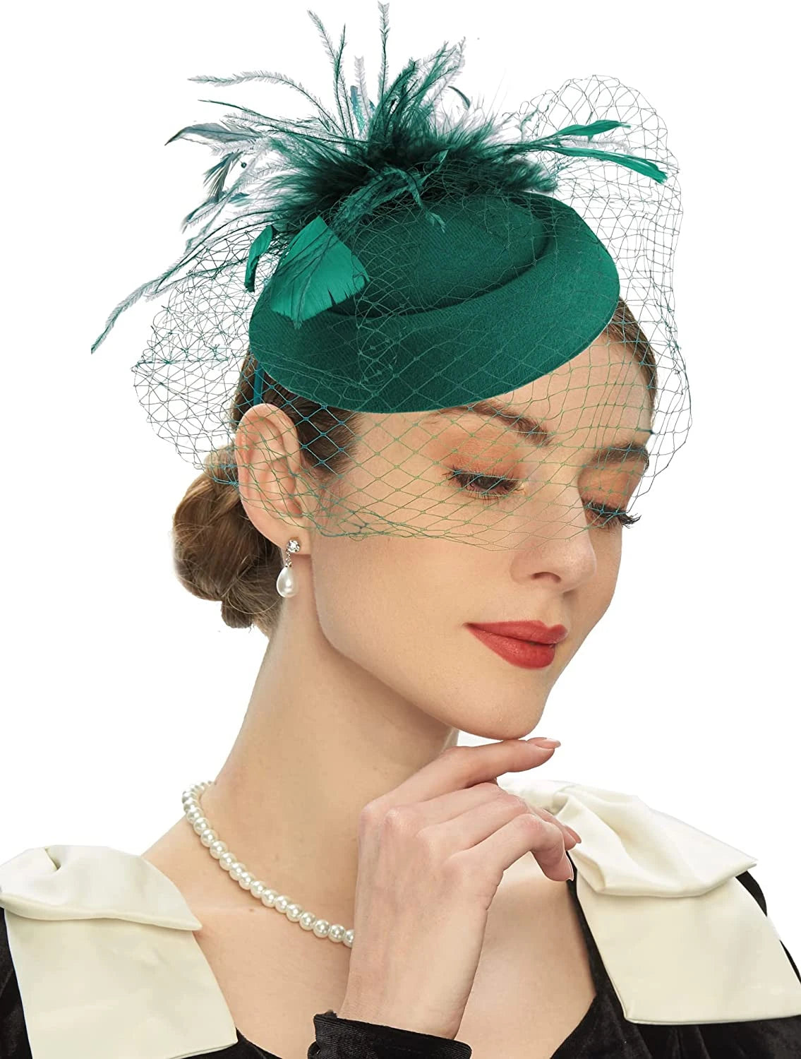 Women's Felt Fascinator Hat Fishnet Veil Small Plush Wave Point Decor Hair Clips  Cocktail Headwear Fascinator