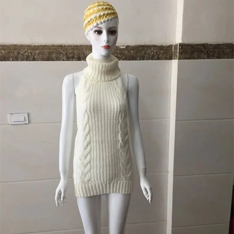 Sexy Trendy Knitted Pullover Sweater Dress for Women, Sexy Backless Apparel with Tie-up Back Design
