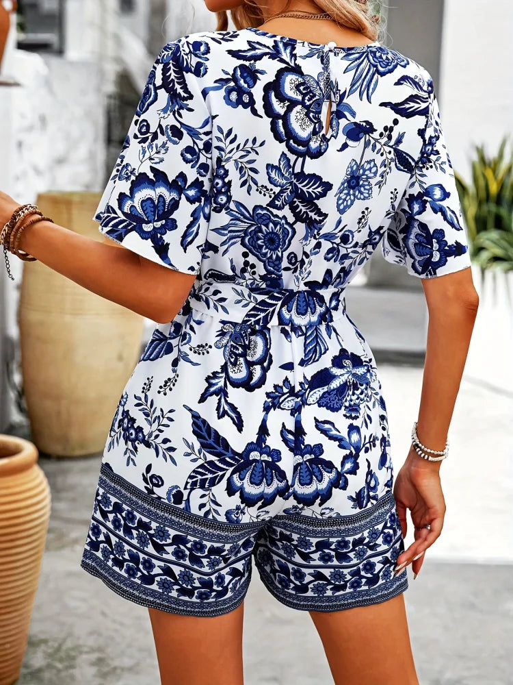 Women's V Neck Short Sleeve Jumpsuit Plant Print Summer Casual Comfortable Daily Wear for Picnic Parties Outings
