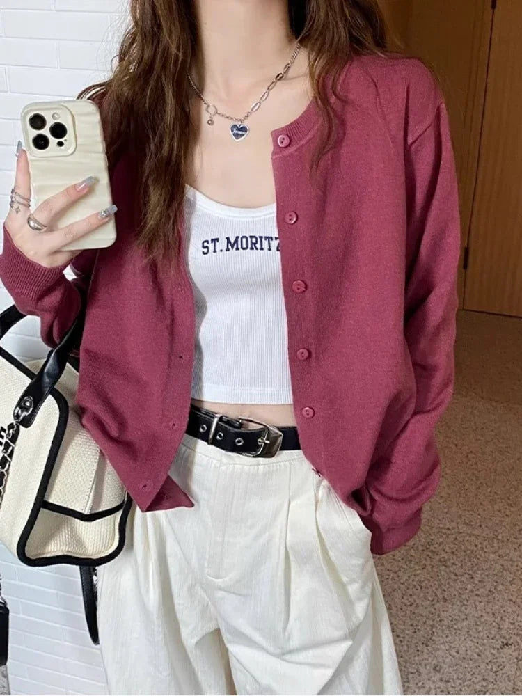 Cardigan Sweater Casual Warm Spring Summer Women O-neck Long Sleeve Single Breasted Slim Fashion