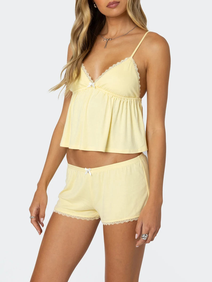 Women s Sleeveless V Neck Pajama Set with Lace Trim Shorts Summer Lounge Wear Cami Tops Sleepwear Set