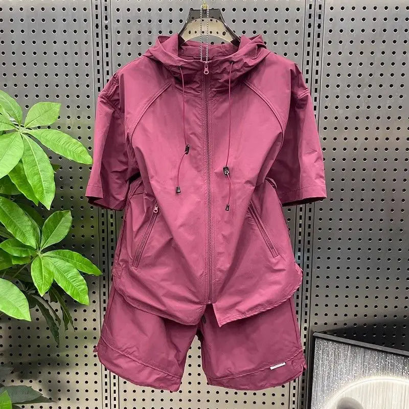 Summer Men Tracksuit Chic Hooded Quick Drying Set Short Sleeve Shorts Casual Zip Shirt  Loose Two Piece Set