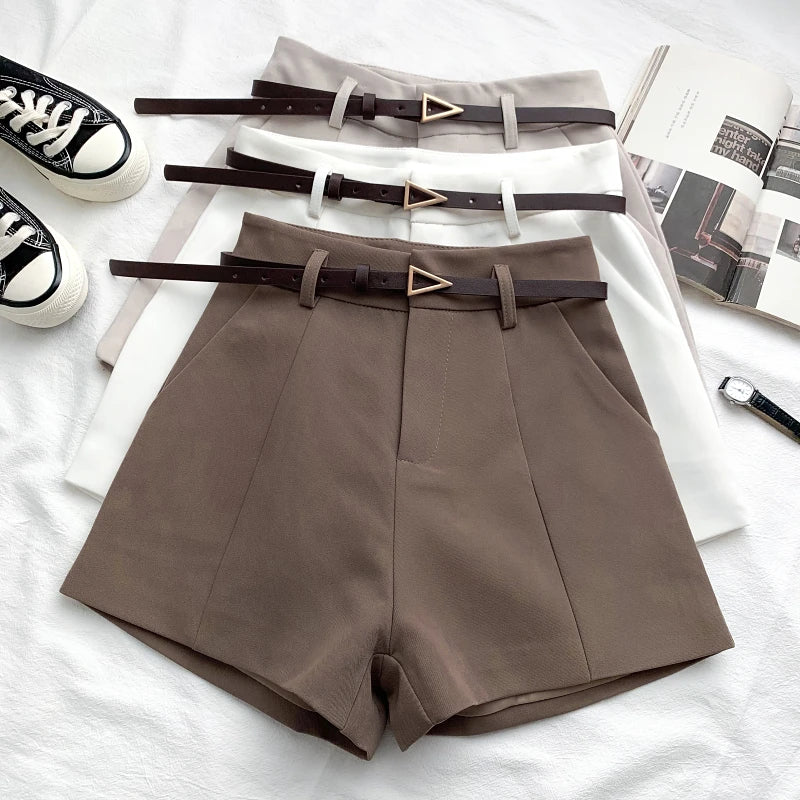 Casual Women's Shorts A-line High Waist Short Chic Office Lady Shorts With Belted Vintage Female Trousers