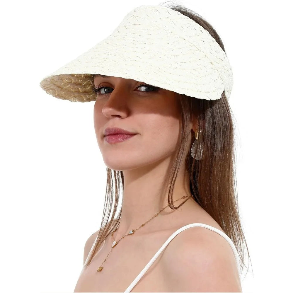 Womens Sun Hat Straw Visor UV Protection Wide Brim Packable Travel Summer Cap for Beach