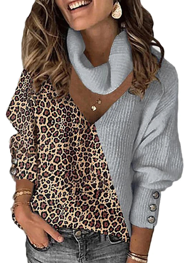 Autumn and winter women's leopard print color blocked temperament Cowl loose neck hollow knit sweater