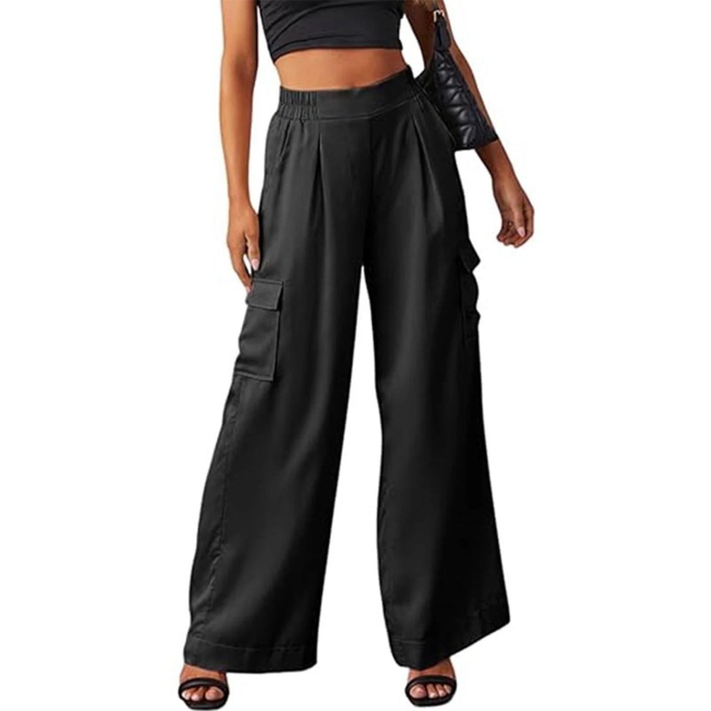 High Waisted Cargo Pants for Women Casual Loose Fit Wide Leg Trousers with Elastic Waistband and Multiple Pockets Stylish
