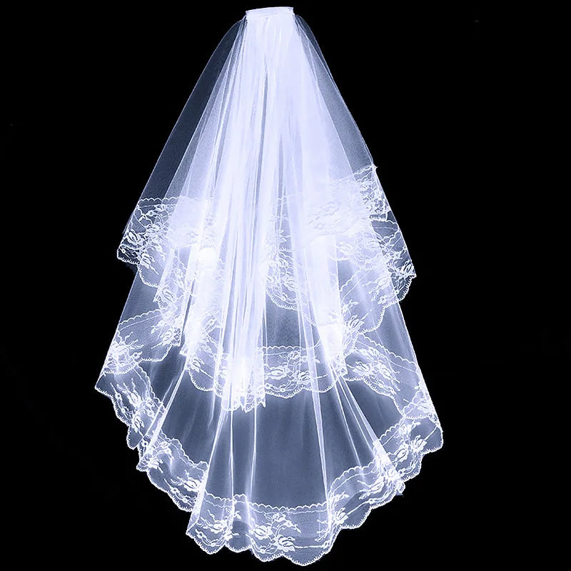 2 Tier Black/White Flower Lace Edge Bridal Veils with Comb Elegant Vintage Wedding Hair Accessories