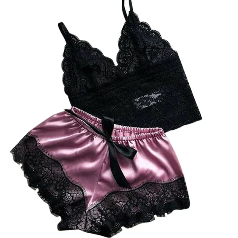 Sleepwear Women's Sexy Pajamas Set Lace Lingerie Sleeveless V-Neck Tops and Shorts Sets Nightwear Loungewear