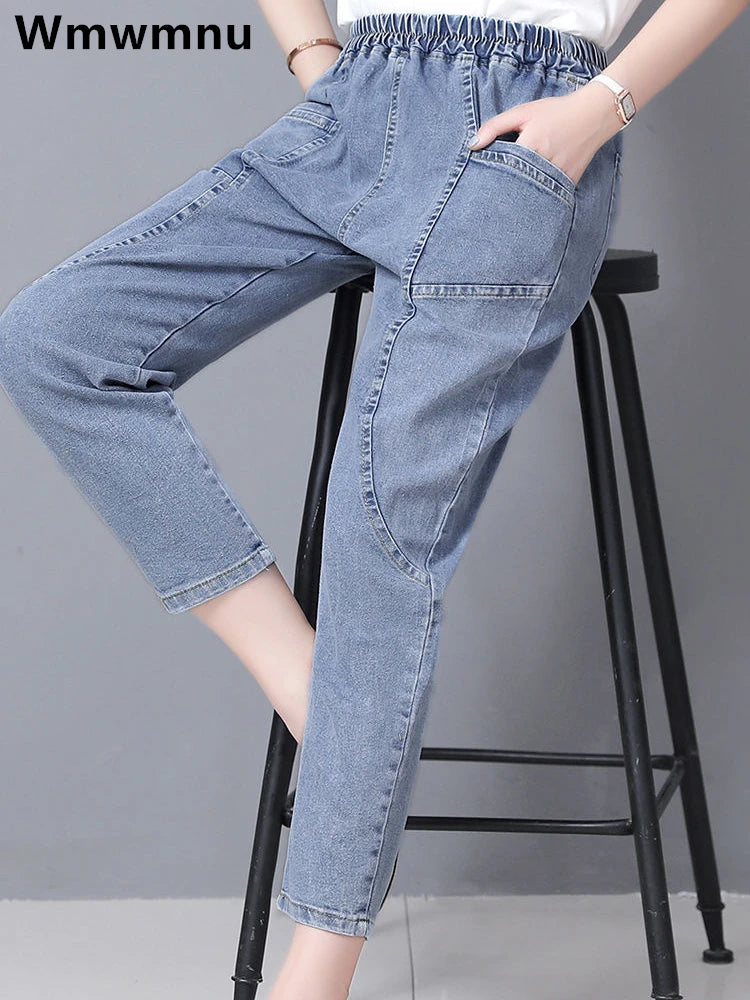 Casual Denim Ankle-length Vintage Baggy Vaqueros Elastic High Waist  Jeans