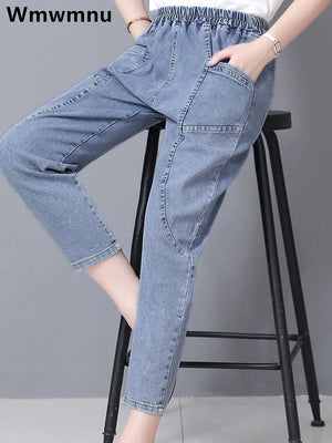 Casual Denim Ankle-length Vintage Baggy Vaqueros Elastic High Waist  Jeans