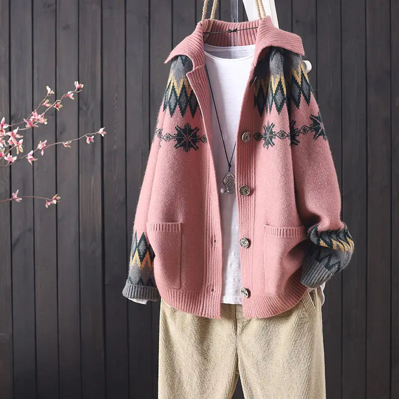female autumn and winter knitted button jacquard pocket long sleeve knitted cardigan women commuter art sweater coat