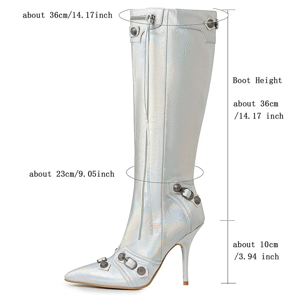 Stiletto High Heeled Knee High Boots Pointed Toe Back Zipper Tassel