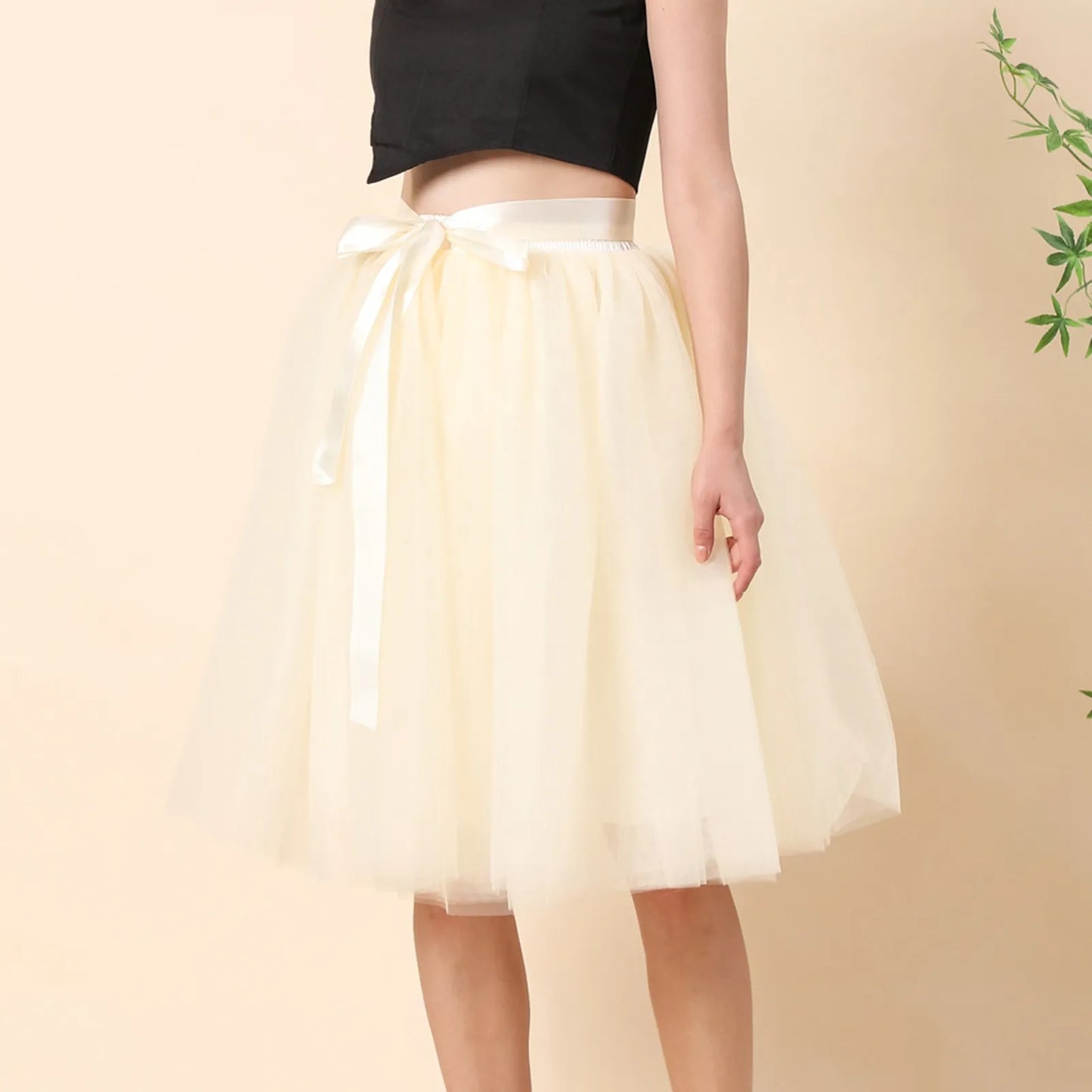 Knee Length Women A-Line Tulle Skirts Lace Up Multi Layered Tulle Petticoat Midi Skirt