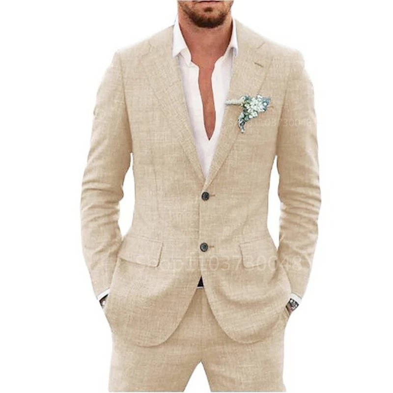 Casual 2 Piece Beige or Blue Linen Men Suits Notch Lapel Slim Fit Groom Tuxedos Blazer Pants Sets Wedding Prom Party