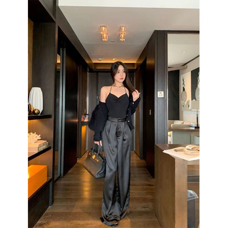 Satin Wide Leg  High Waist   Baggy Straight Trousers