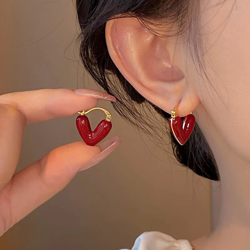 French Romantic Wine Red Enamel Heart Shaped Pendant Earrings
