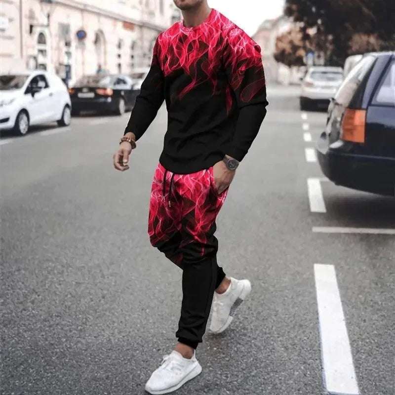 Men's 3D printed sweatshirt set Colorful Flame cap sweatshirt Sweatshirt sweatpants crew neck sportswear