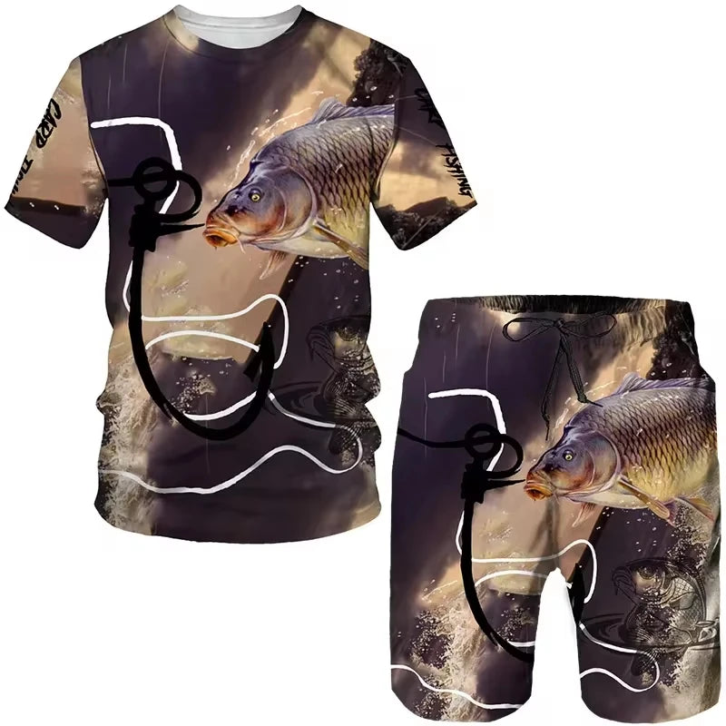 Outdoor Sports Men's Tracksuit Fishing O-Neck Short Sleeves Shorts 2 Piece Outfit Oversized T-Shirt Men Clothing Casual Suit
