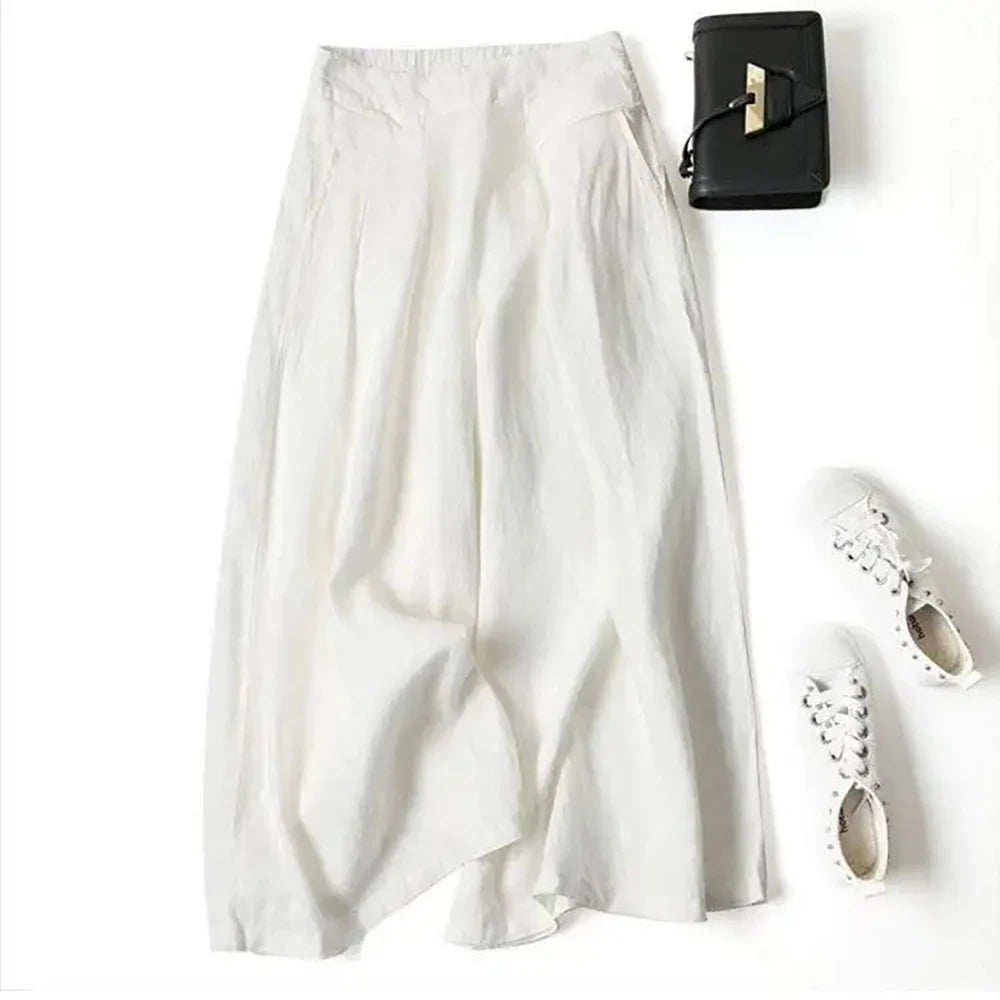 Summer Pants for Women Cotton Linen Large Size Wide Leg Pants Femme Arts Style Elastic Waist Solid Casual Loose