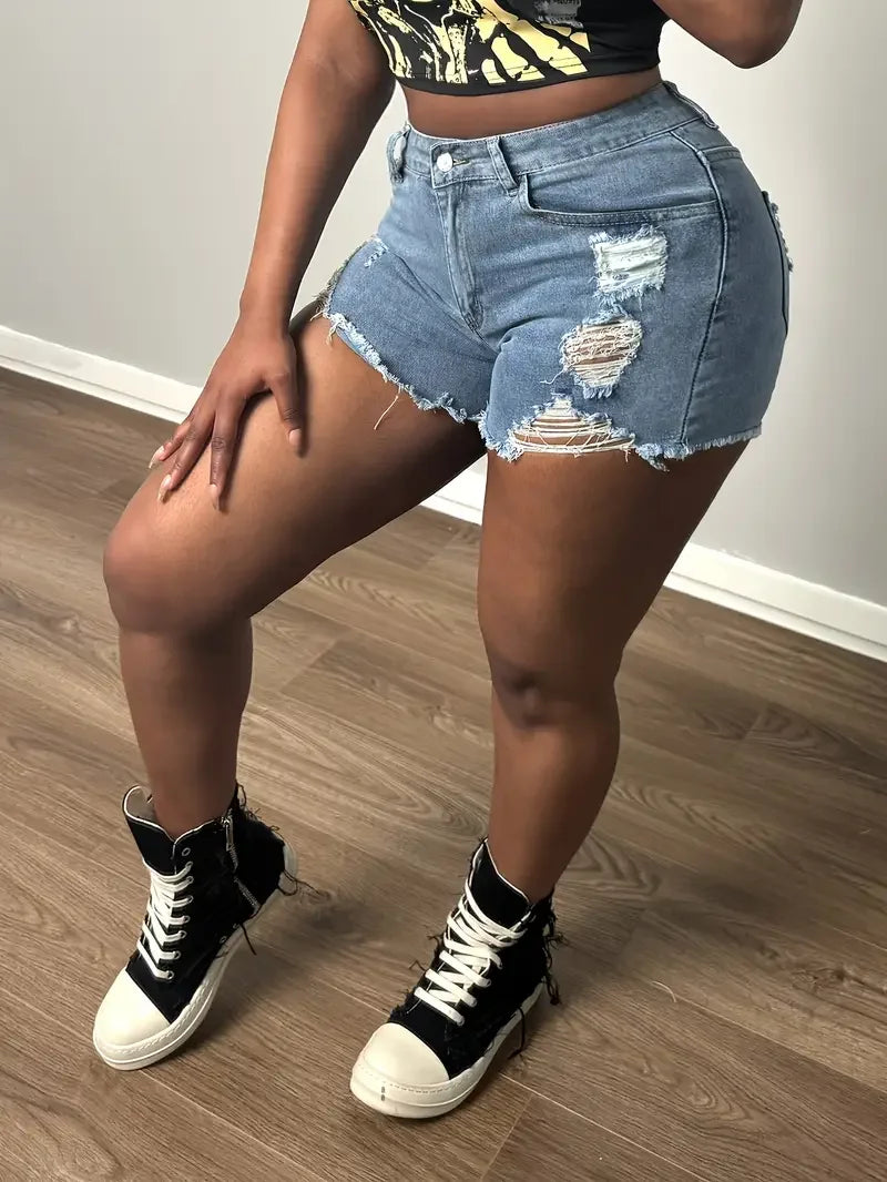 Women New Irregular Ripped Denim Shorts Elastic Fringe High-waisted Shorts Fashion Denim Shorts