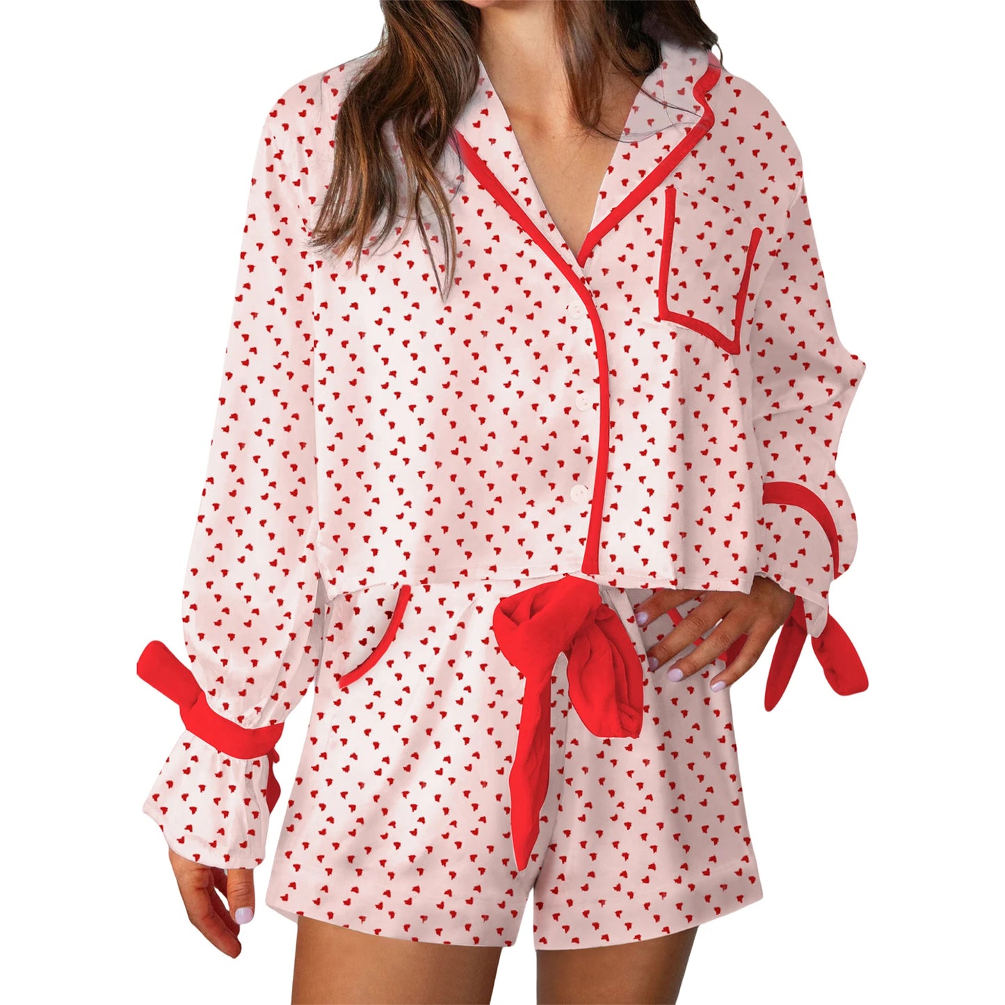 Valentine s Day  Pajama Set with Heart Print Long Sleeve Shirt and Drawstring Shorts  Sleepwear Comfort