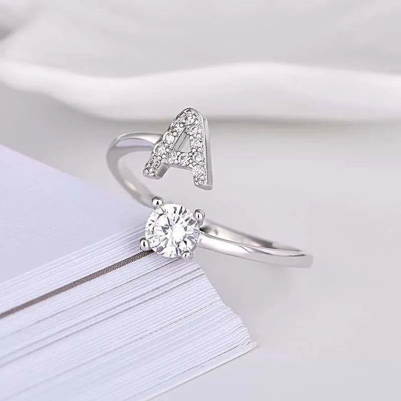 Shining Rhinestone 26 Letters Adjustable Rings  Initial A-Z Alphabet Opening Ring