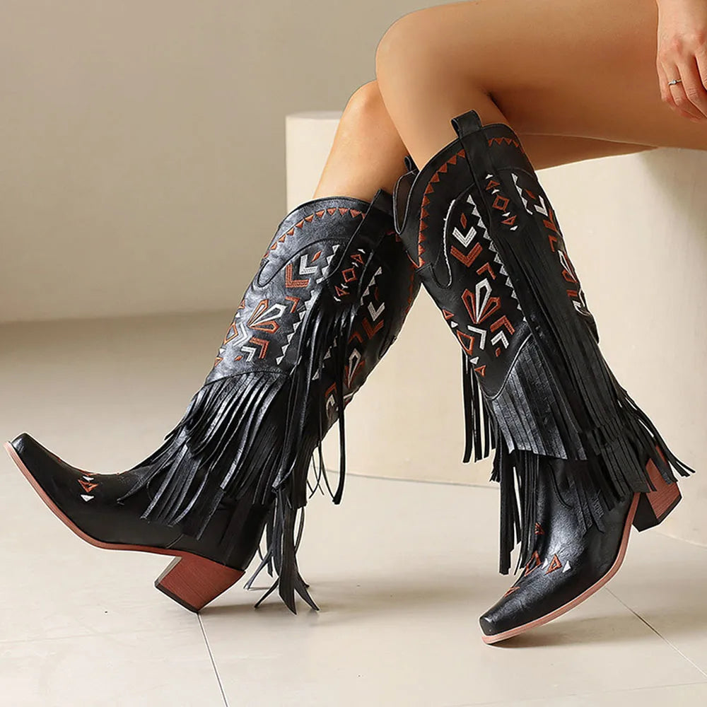 Retro Tassel Embroidered Cowgirl Mid-Calf  Western Boots Pointed Toe Chunky High Heel