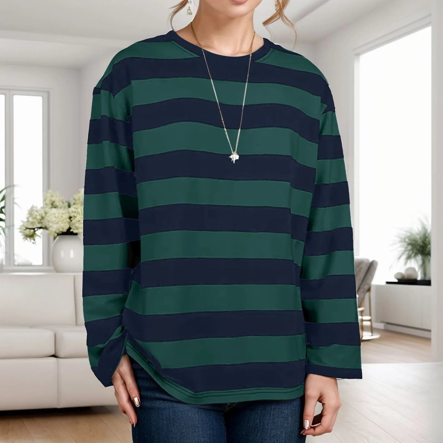 Women Striped T-shirt Long Sleeved Bottoming Shirt Women Crew Neck Loose Oversized Tops