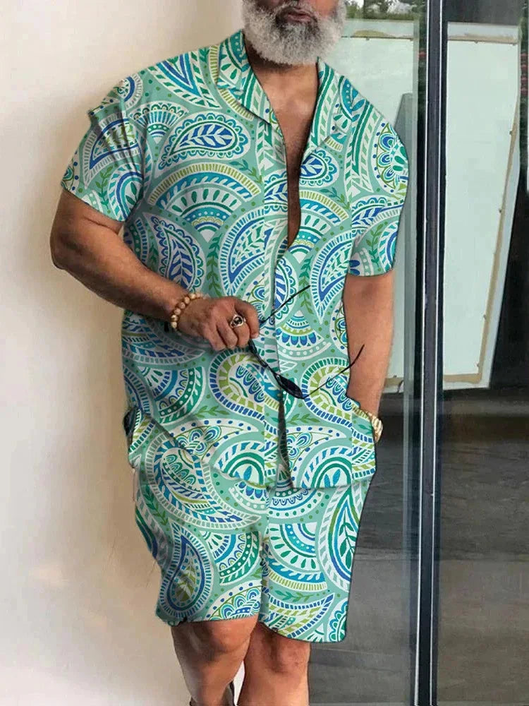 Summer Men's Temperament Shirt Set Men's Hawaii Vacation Short Sleeve Top Drawstring Shorts 2 Pcs Boutique