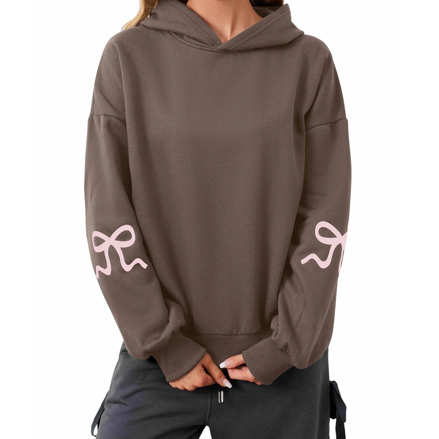 Casual Women s Oversized Hoodies with Bow Print Long Sleeve Sweatshirts Streetwear Aesthetic Tops for a Relaxed Look