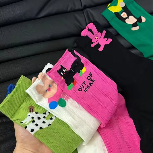 5 Pairs Cartoon Pattern Crew Socks Comfortable And Breathable