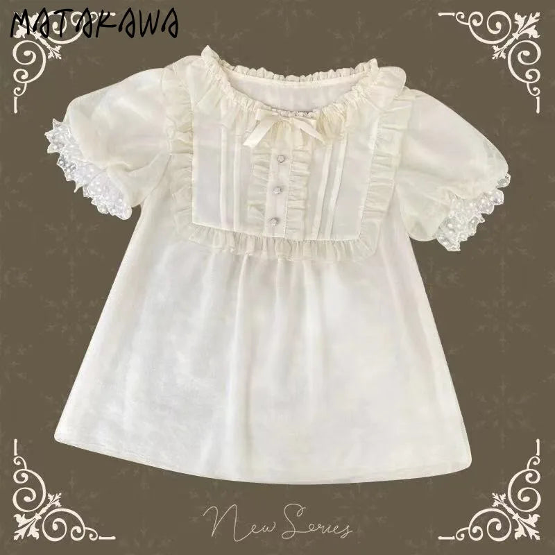 Vintage Ruffles Solid Bow Elegant Short Blouse