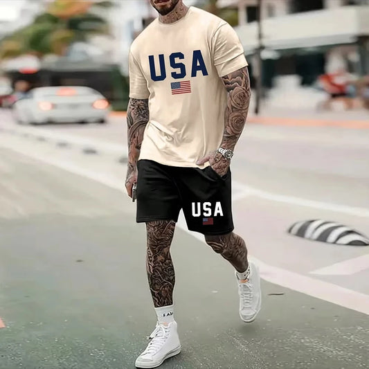 North American Fashion Men's Casual Suit with Print Pattern Short Sleeves and Shorts Sporty Breathable and Comfortable Clothing
