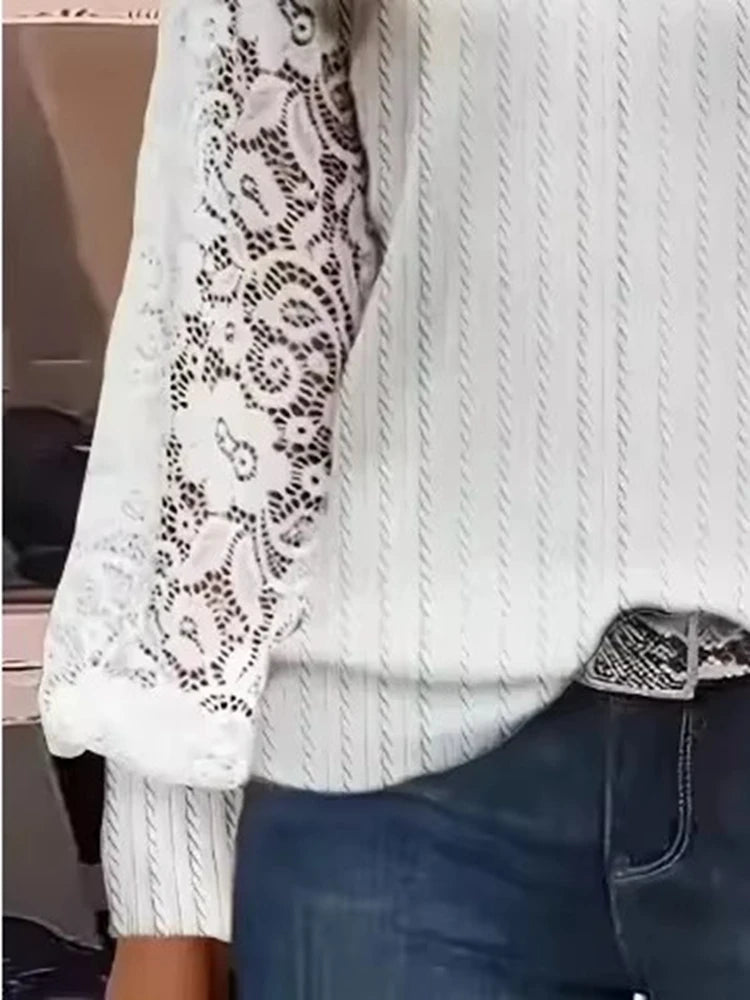 Women's Casual Comfortable Loose T-shirt Ladies Fashion Lace Lantern Sleeve V Neck Top