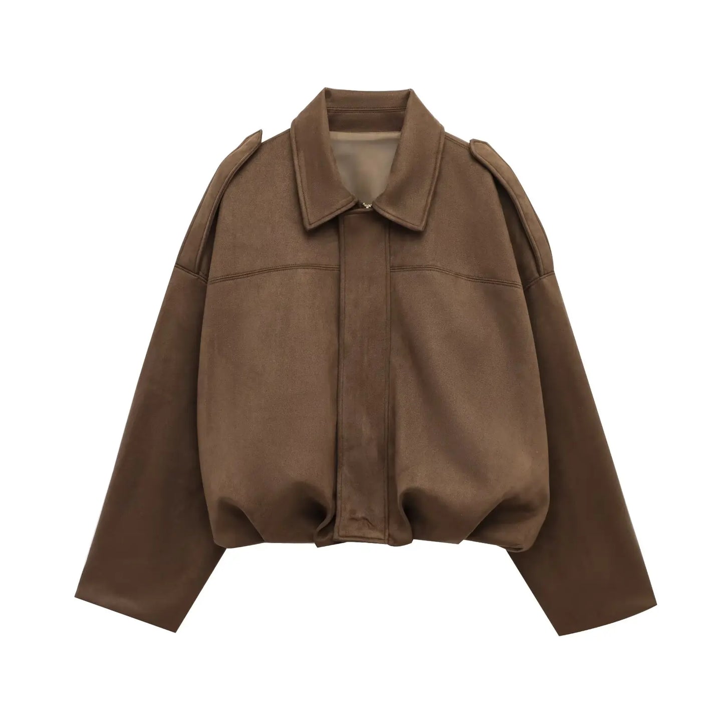 Women Faux Suede Collared Jacket with Shoulder Straps Loose Fit Stylish Olive Green