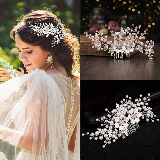 Silver Color Flower Pearl Rhinestone Hair Comb Headband Hair Accessories For Women  Headband Hair Jewelry