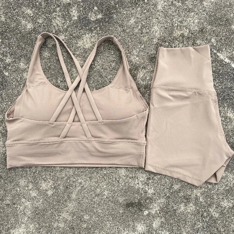 Yoga Clothes 2 Piece Gym Sports Shorts Set Women Cross Back Bra Top High Waist Shorts Fitness Suit Running Workout Tracksuit