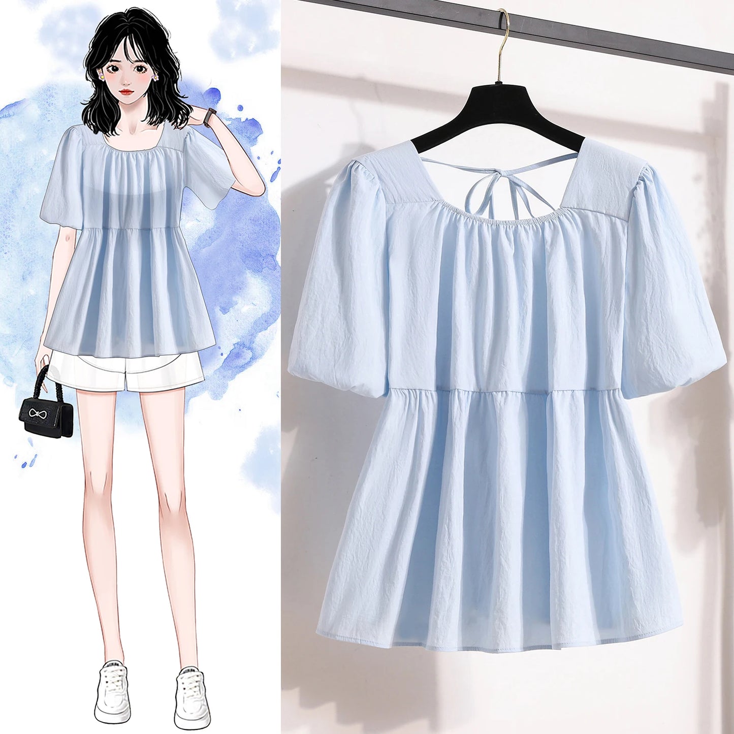 Plus Size Shirts & Blouses Women Summer Fashion Tops Short Puff Sleeve Loose Sweet Blouse Woman L-4XL