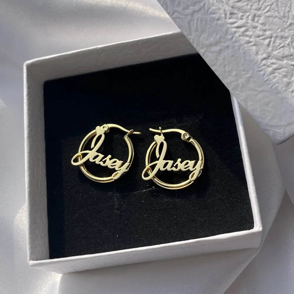 Custom Nameplate Earring Hoops 20mm 18K Gold Plated Stainless Steel Letter Round Earring